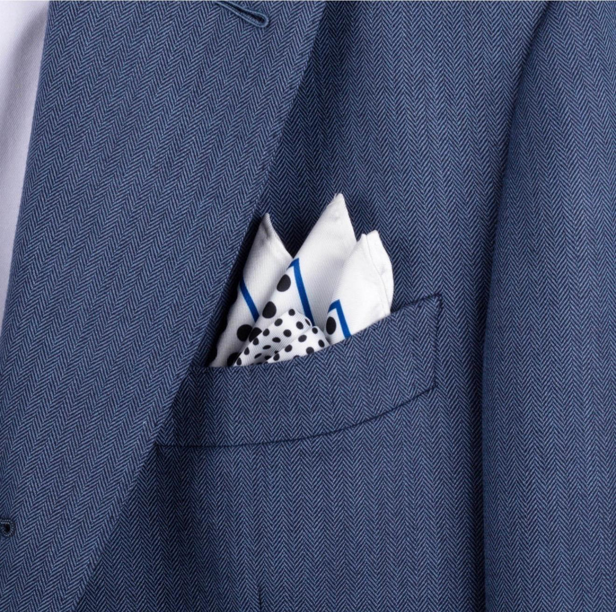 White & Black Polka Dot Silk Pocket Square with Blue Border
