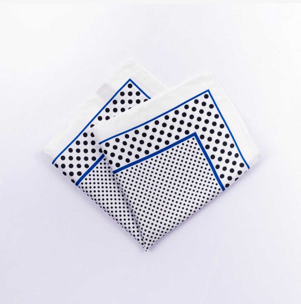 White & Black Polka Dot Silk Pocket Square with Blue Border