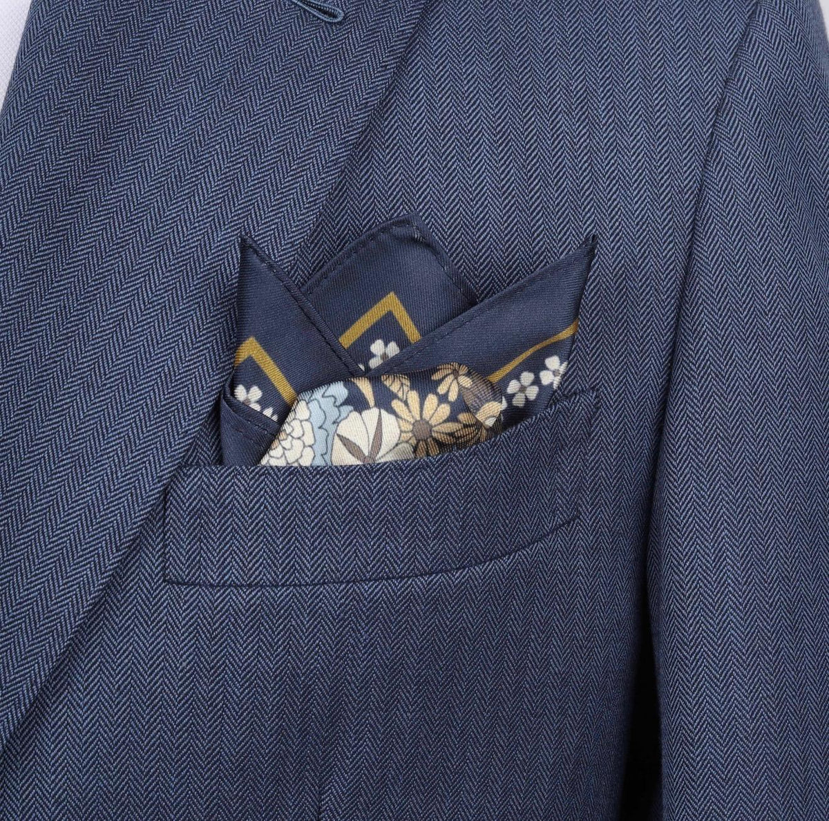 100% Silk Navy & Blue Floral Pocket Square