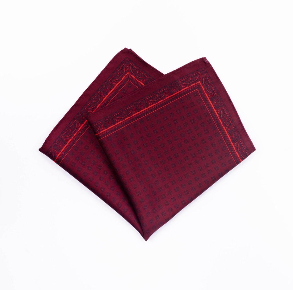 Burgundy Patterned Silk Pocket Square with Border