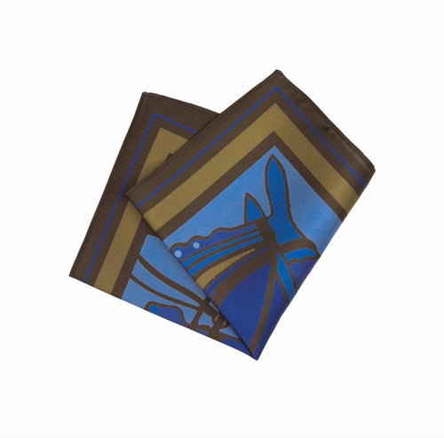 100% Silk Equestrian Blue Horse Pocket Square
